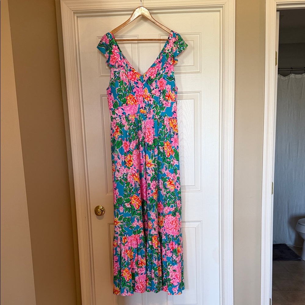Lilly Pulitzer Floral V-Neck Ruffle Sleeve Maxi Dress in Teal, Pink & Yellow - Picture 2 of 10